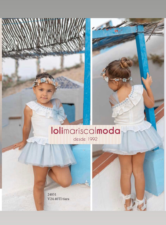 Basmartí Vestido infantil Dafne y Apolo Falda Tul Azul Cuerpo Blanco Pasacintas Talle Bajo 24051