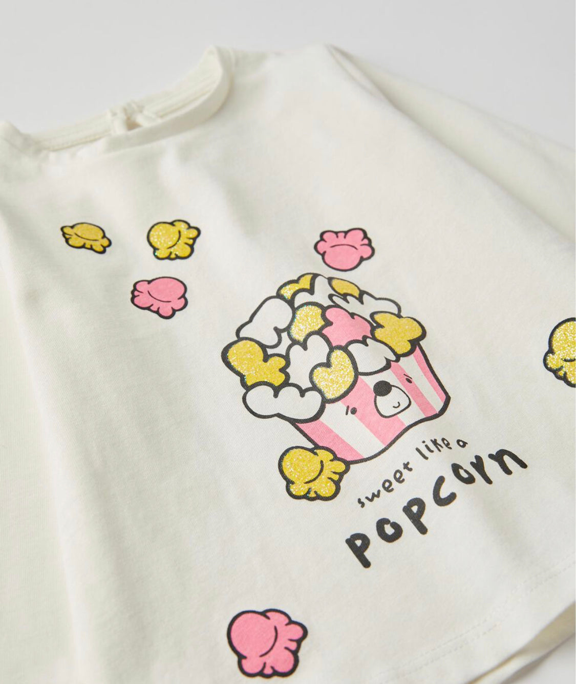 2 Camisetas De Manga Larga Para Bebé Niña 'Popcorn', Blanco/Rosa - lolimariscalmoda