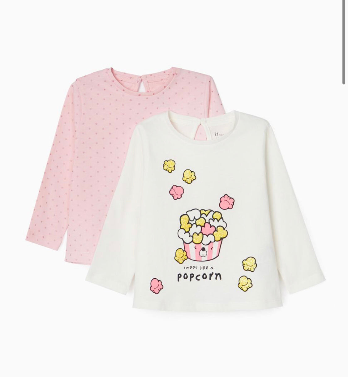 2 Camisetas De Manga Larga Para Bebé Niña 'Popcorn', Blanco/Rosa - lolimariscalmoda