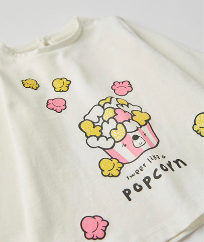 2 Camisetas De Manga Larga Para Bebé Niña 'Popcorn', Blanco/Rosa - lolimariscalmoda